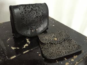 Hand drawn and hand carved first sample bags. 