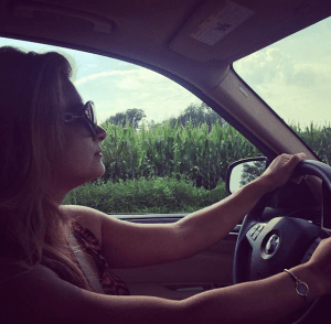 My sister the city girl coasting on the country roads of PA. 