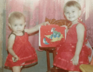 More of her work. Grace on the right and me on the left with my funny shaped head. 